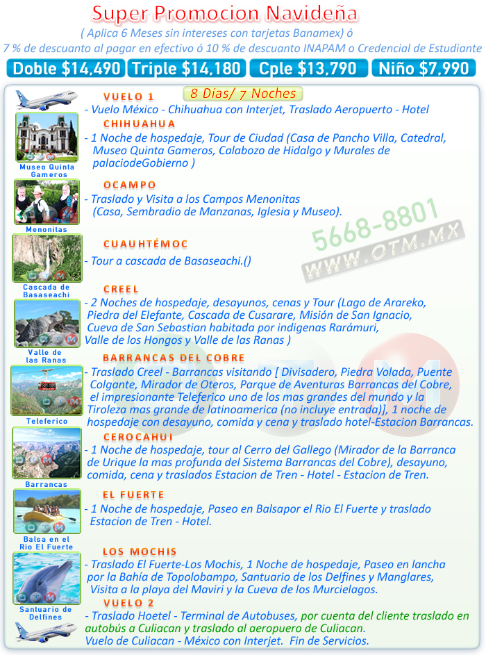 promocion navidad paquete economico menonitas chihuahua Cuauhtemoc ocampo creel barrancas del cobre cerocahui el fuerte los mochis tren chepe